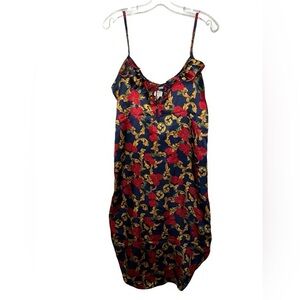 Vintage Victoria Stevens Satin Slip Dress S | Baroque Floral Print Navy Red Gold